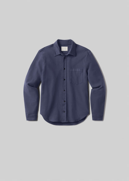 Blue long-sleeve button-up shirt, front product view