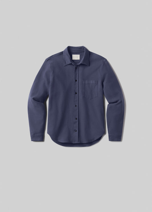 Blue long-sleeve button-up shirt, front product view