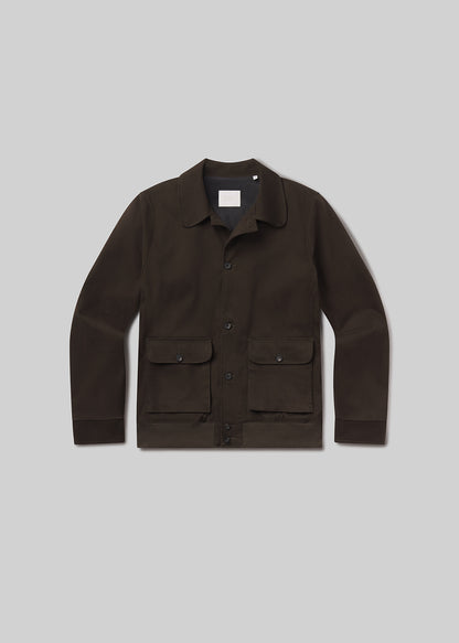 Flat lay shot of olive jacket on a grey background