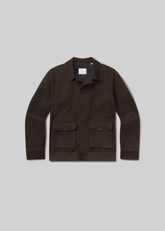 Flat lay shot of olive jacket on a grey background