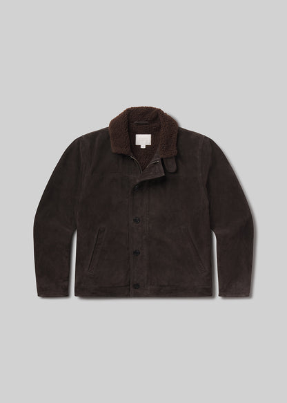 Flat lay shot of brown jacket with a fur collar on a grey background