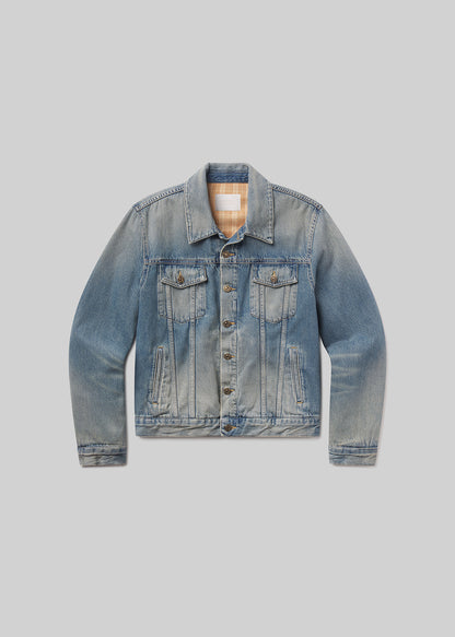 Flat shot of blue denim jacket on a grey background