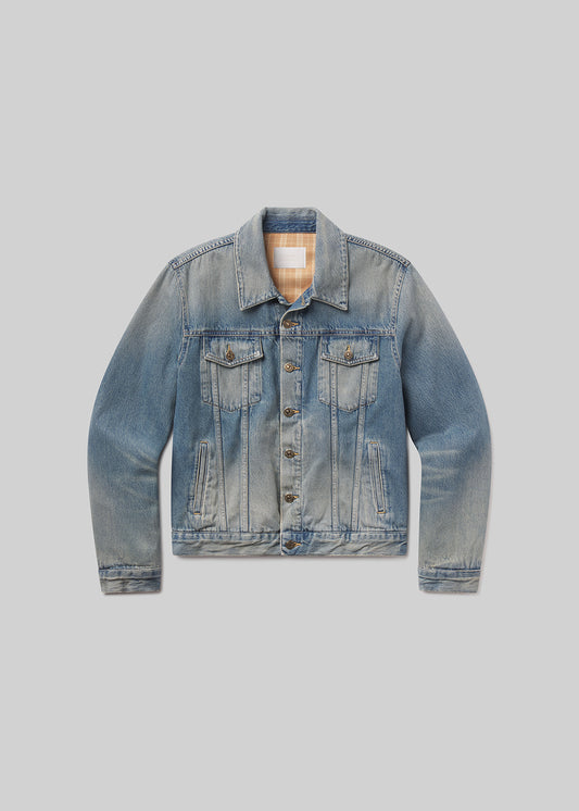 Flat shot of blue denim jacket on a grey background