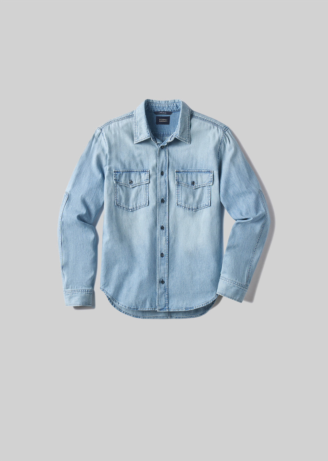 Light blue denim utility shirt, front product view