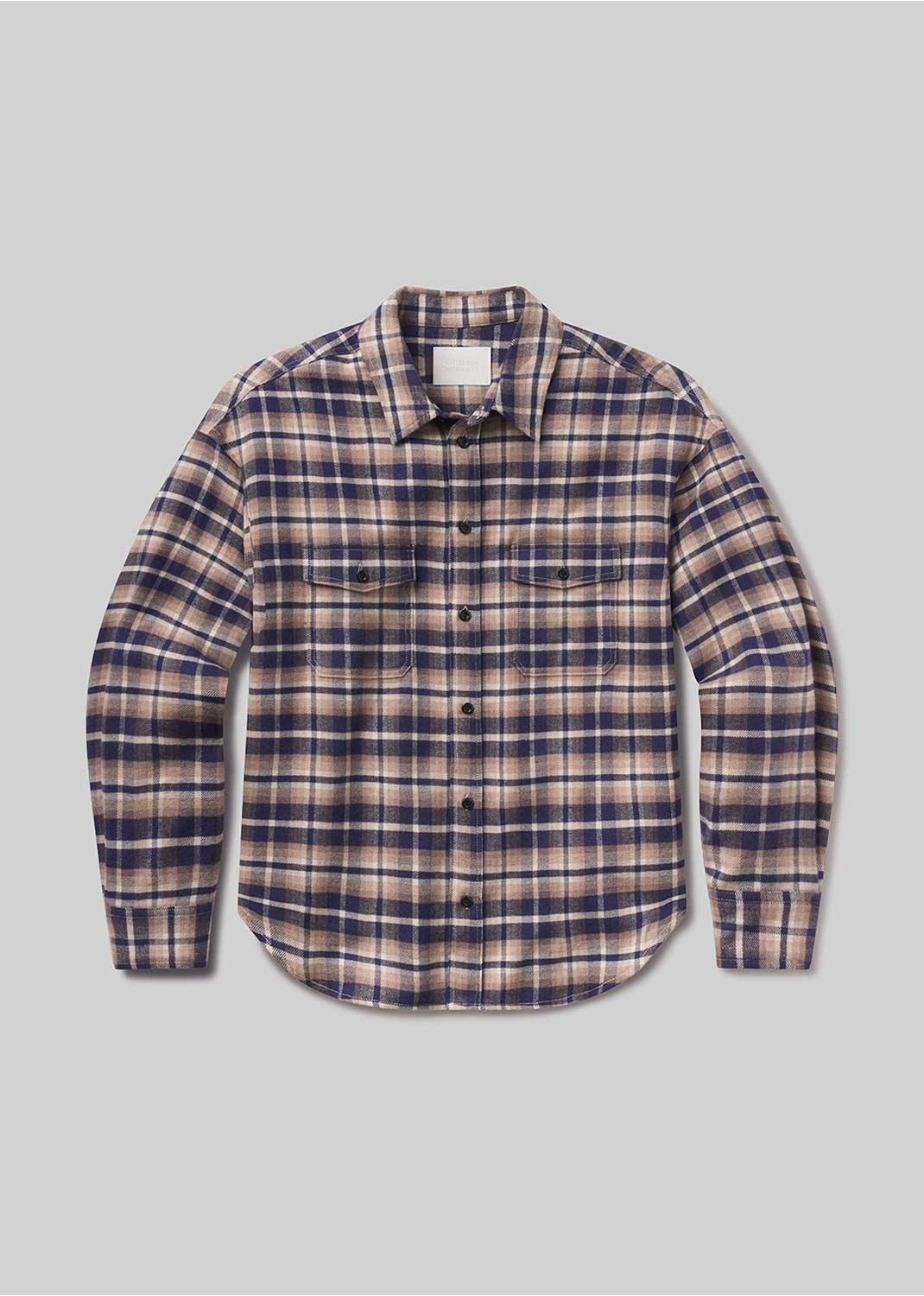 Navy and beige plaid utility shirt, front product view