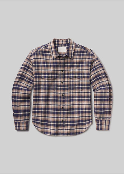 Navy and beige plaid utility shirt, front product view