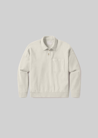 Ecru long sleeve rugby polo with chest pocket, front product view