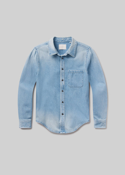 Light blue long sleeve denim button-up shirt with a pointed collar, front button closure, single chest pocket