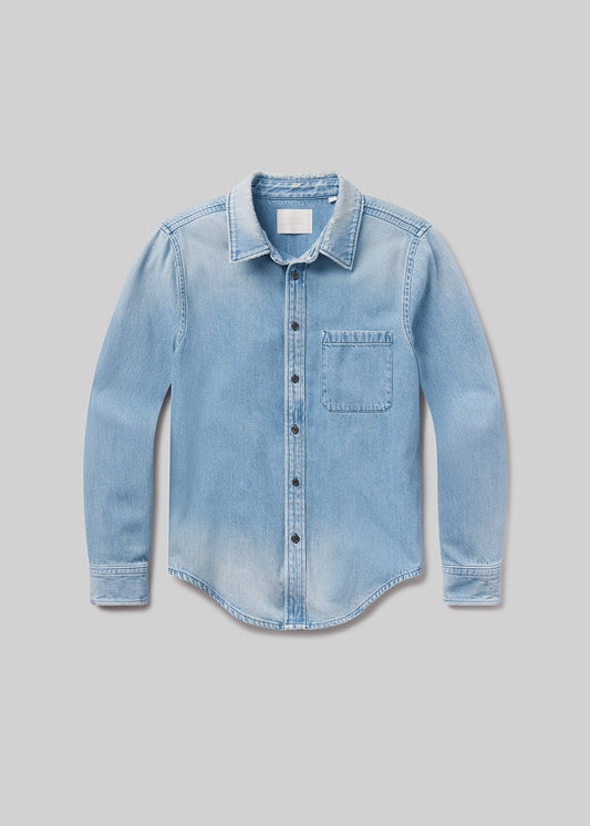 Light blue long sleeve denim button-up shirt with a pointed collar, front button closure, single chest pocket
