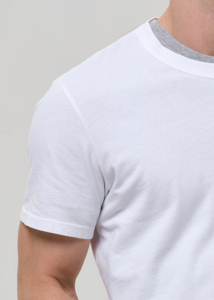 Close-up of a person wearing a plain white short-sleeve crew-neck t-shirt with a visible light gray inner neck trim, against a grey background.