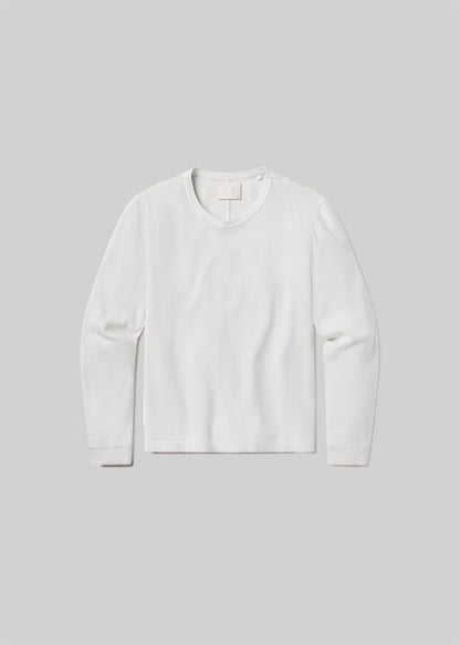 White waffle-knit long sleeve crewneck shirt, front product view