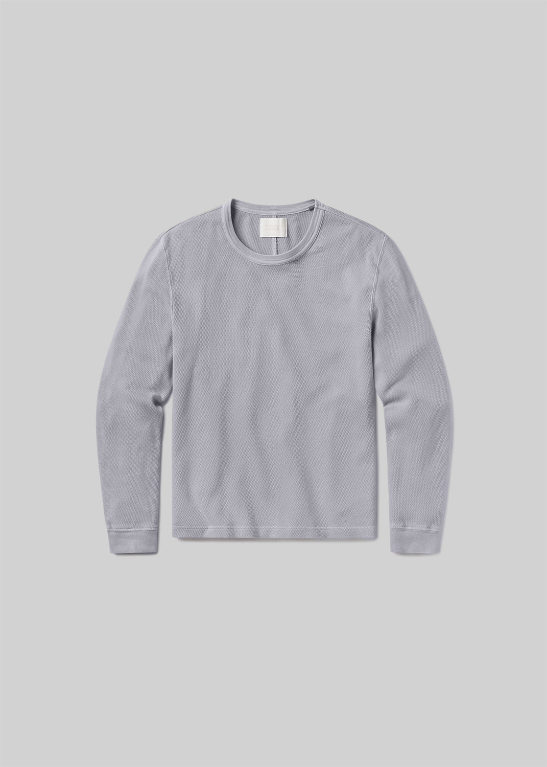 Stone grey waffle-knit long sleeve crewneck shirt, front product view