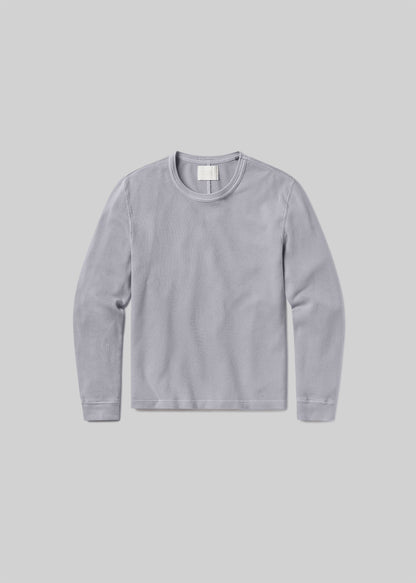 Stone grey waffle-knit long sleeve crewneck shirt, front product view
