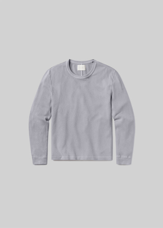 Stone grey waffle-knit long sleeve crewneck shirt, front product view