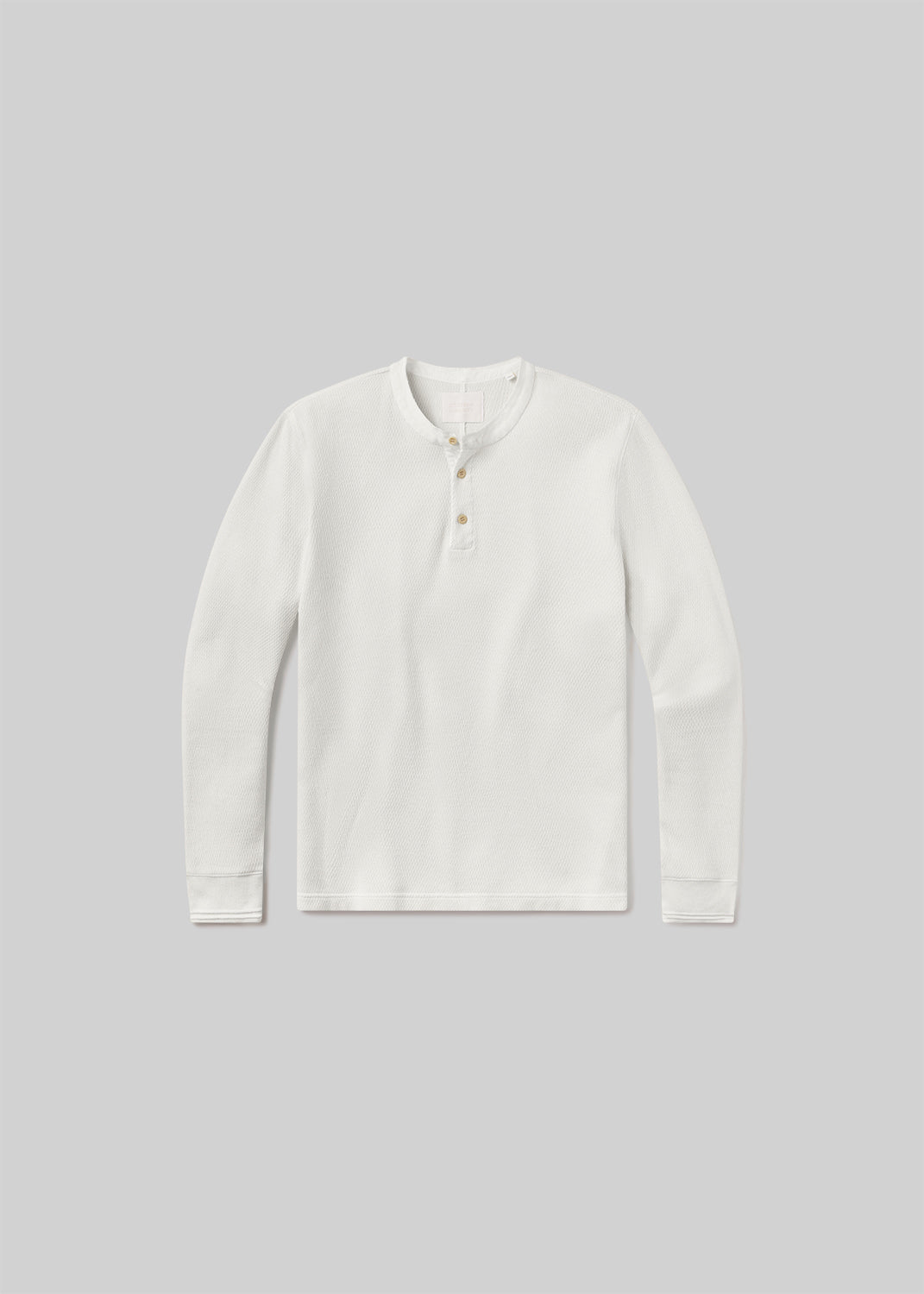 White waffle-knit long sleeve three-button henley shirt, front product view