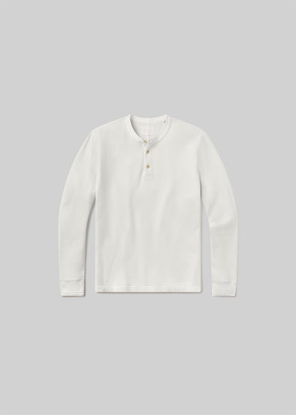 White waffle-knit long sleeve three-button henley shirt, front product view