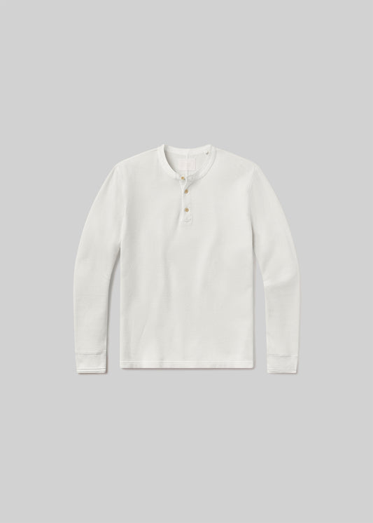 White waffle-knit long sleeve three-button henley shirt, front product view