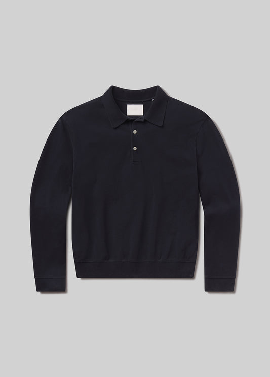 Black long-sleeve polo shirt on a grey background