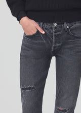 Emerson Mid Rise Relaxed Jeans 27" in Black Pepper detail